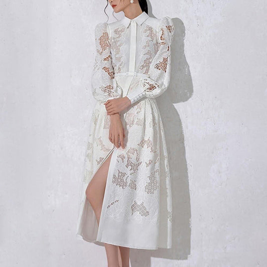 Vintage Collar Long Lantern Sleeve Mid-Length Embroidery Lace Solid Color Dress