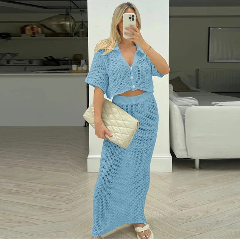 Women's Knit Crochet Lace-Up Cardigan & Skirt Set