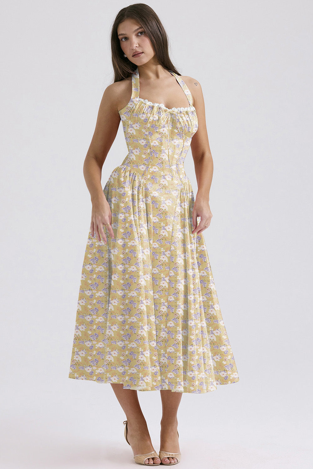 Women's Summer Floral Print Bodycon Halter Neck Maxi Dress
