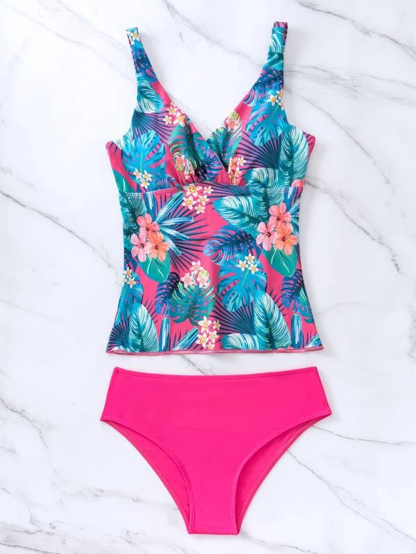 Women's Tankini Swimsuit Two-Piece with Leaf Print Straps