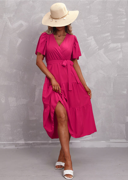 Women's Summer Solid Color V-Neck Short Sleeve Dress
