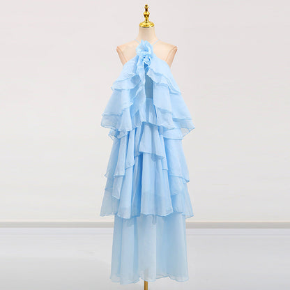 Elegant High-Society Style Dress – Off-Shoulder Backless Maxi Dress with Layered Hem