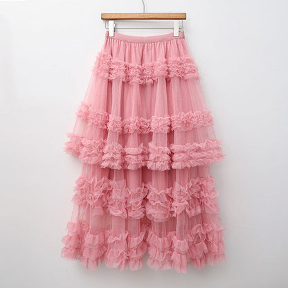 Layered Tulle Skirt - High Waist Ruffled Lace Trim Semi-Formal Skirt