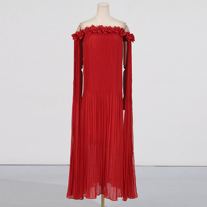 Elegant Off-Shoulder Long Dress with 3D Floral Appliques