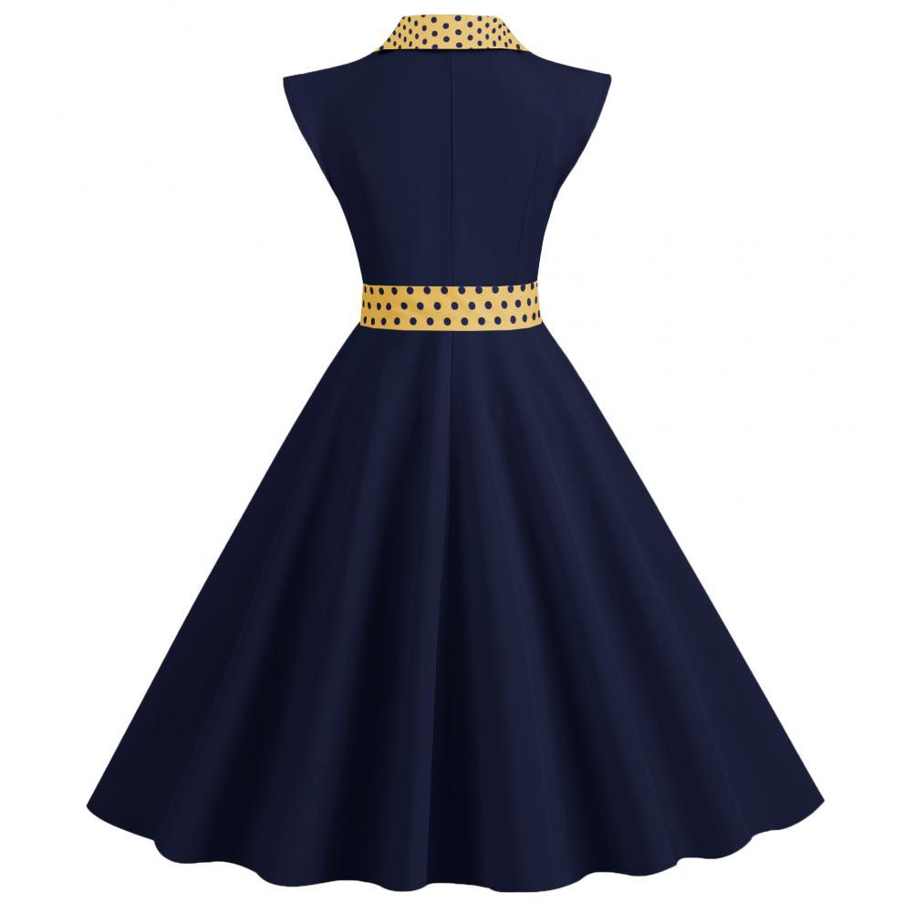 Elegant V-Neck Polka Dot & Solid Color A-Line Dress with Belt for Women