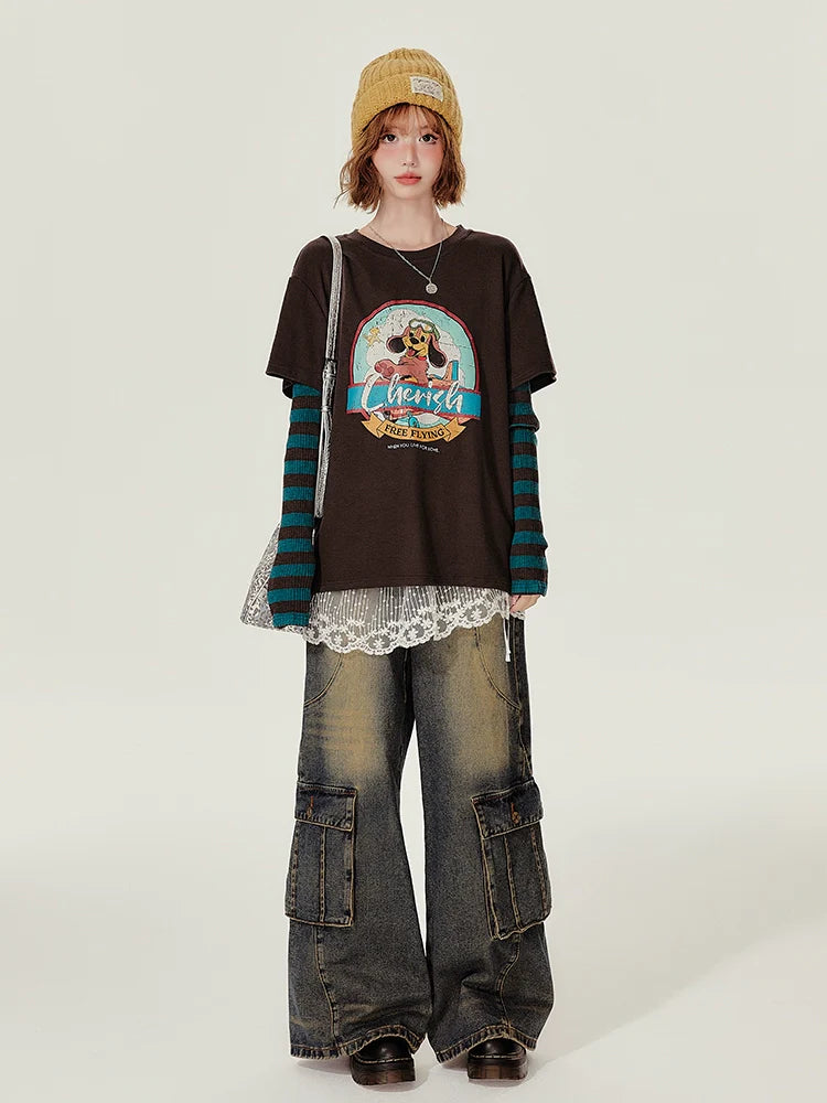 Girlyhalo Retro Fake Two-Piece Round Neck Long Sleeve T-Shirt-Color matching without lace-S-Free Shipping Leatheretro
