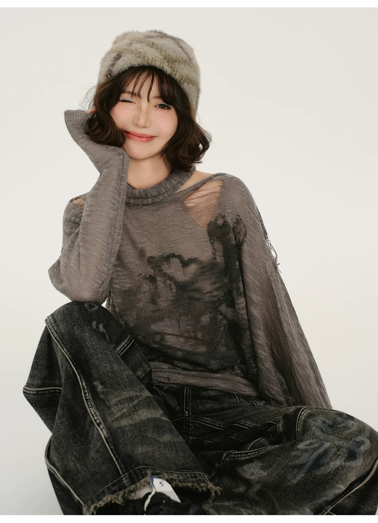 Girlyhalo Retro Baddie Print Distressed Long Sleeve Sweater
