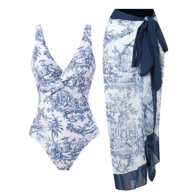 Fashionable Printed Romper with Sun Protection Sheer Cover-Up and Beach Vacation Outfit