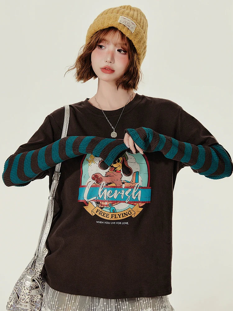 Girlyhalo Retro Fake Two-Piece Round Neck Long Sleeve T-Shirt-Color matching without lace-S-Free Shipping Leatheretro