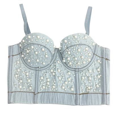 Sexy Women's Denim Bustier Top – Pearl Embellished Strappy Cropped Corset Vest