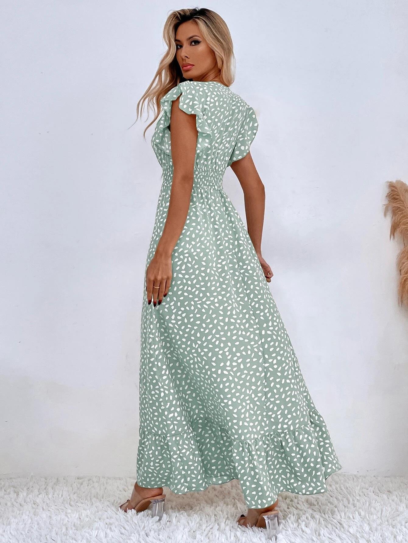 Summer V-Neck Wrap Waist Maxi Dress with Flutter Sleeves-black-S-Free Shipping Leatheretro