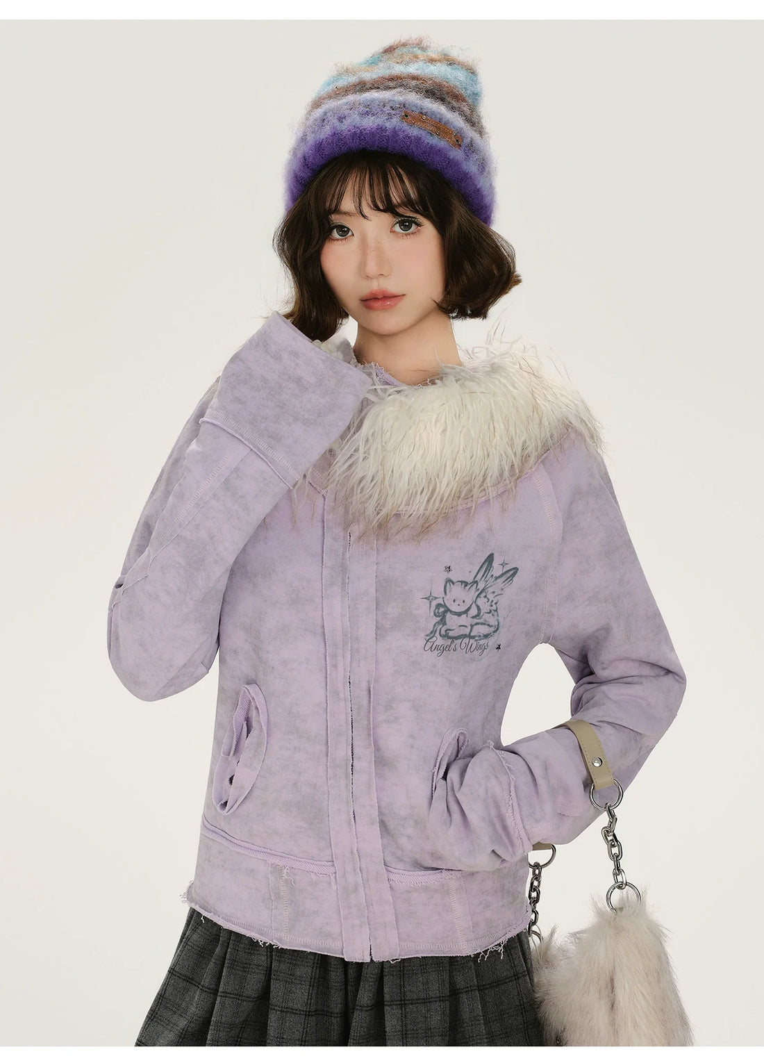 Girlyhalo Retro Tie-Dye Print Asymmetrical Design Women's Fall Coat with Fur Collar