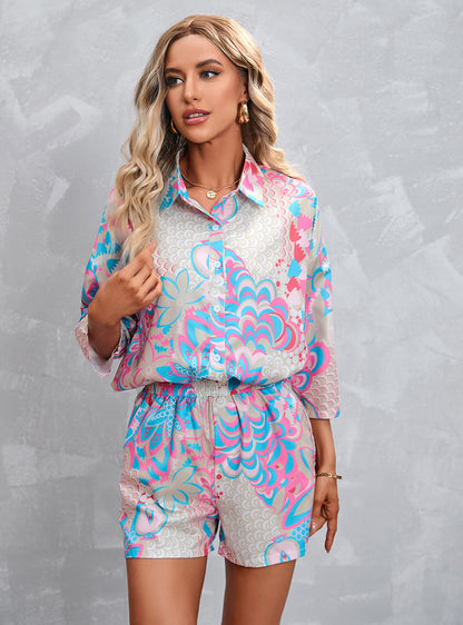 Women's Summer Floral Print Shorts & Short-Sleeve Casual Set