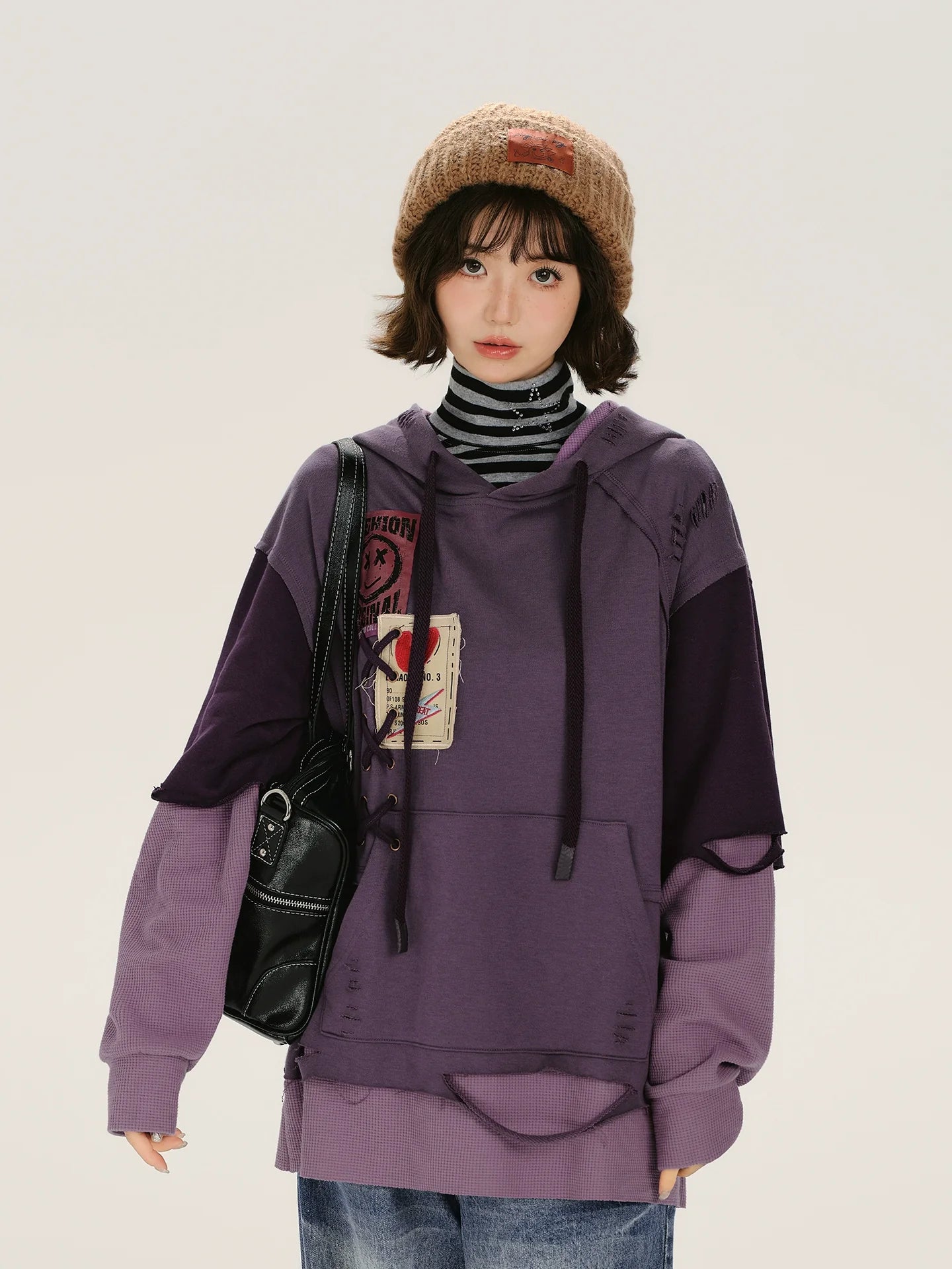Retro Distressed Design Fake Two-Piece Hooded Sweatshirt