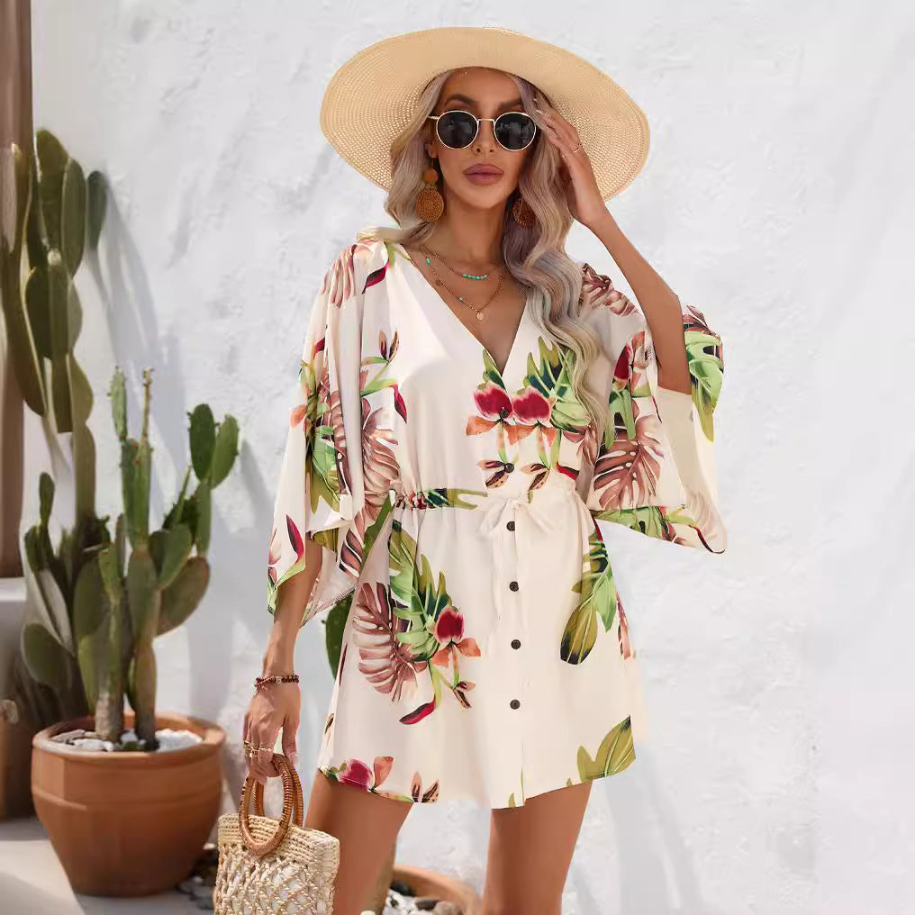 Women's Summer Leaf Print Short Sleeve Short Mini Dress