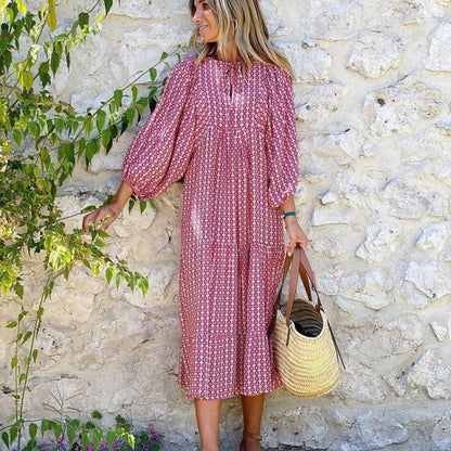 Plus Size Boho Print Dress with Puff Sleeves