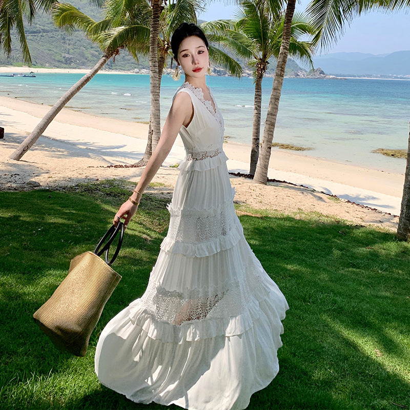 White Lace Cutout Dress -  Boho Summer Sundress for Vacations
