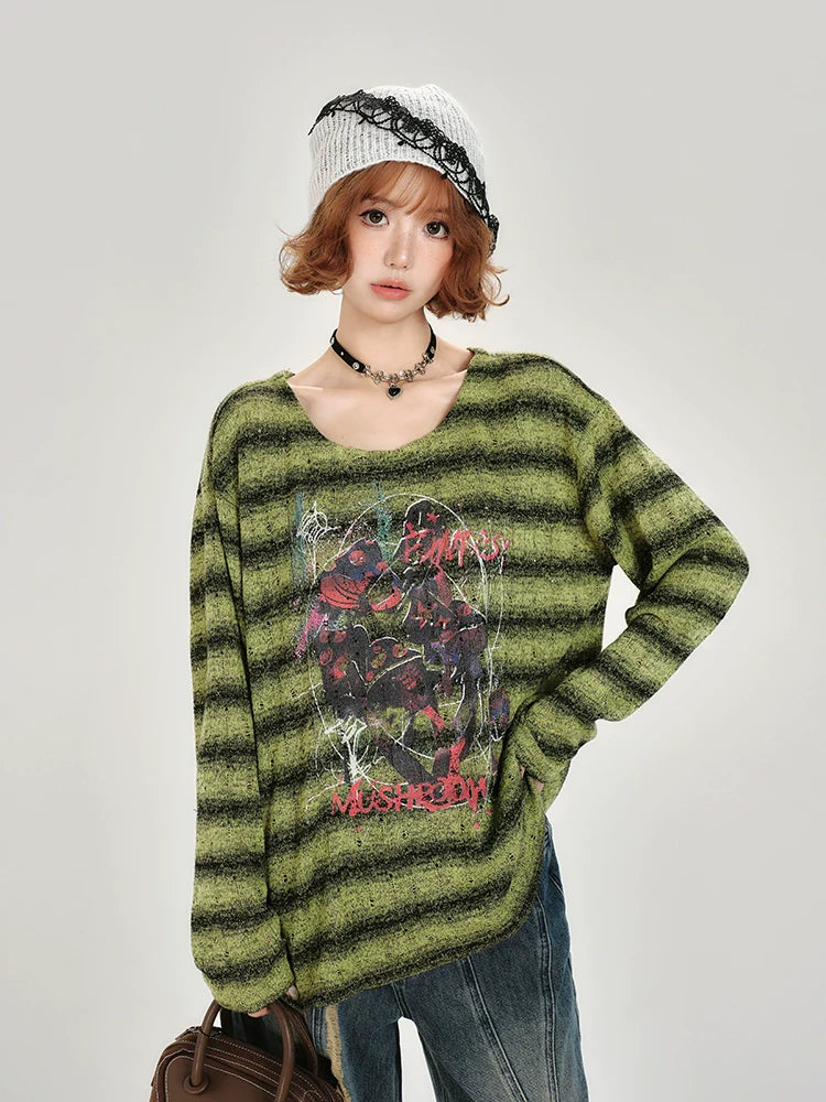 Girlyhalo Retro Green Striped Long Sleeve T-Shirt for Women-Green Striped-S-Free Shipping Leatheretro