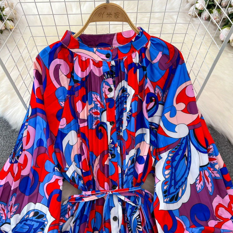 Retro Palace Style Lantern Sleeve Round Neck A-Line Floral Print Button-Down Waist Dress