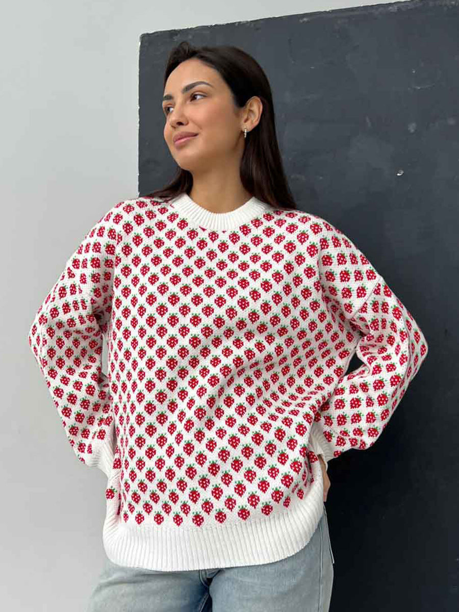 Oversized Strawberry Print Sweater
