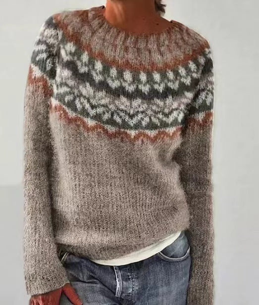 Women's Loose Knit Sweater - Color Block Round Neck Pullover