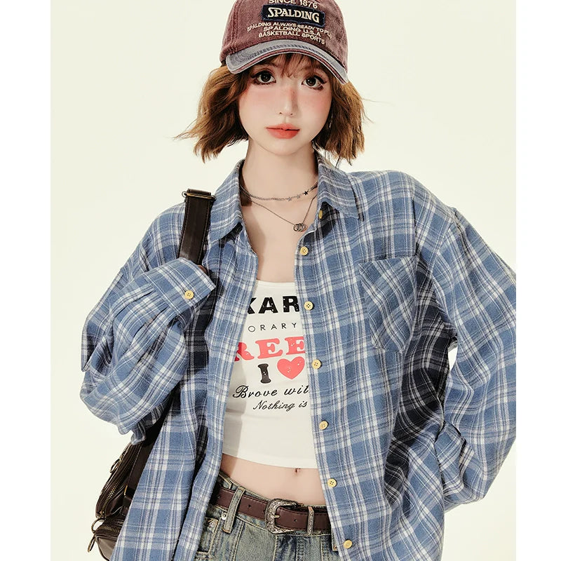 Girlyhalo Women's Blue Plaid Shirt - Oversized Fall Shacket for a Youthful Look