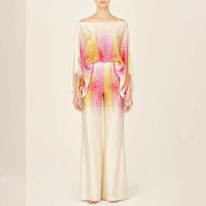 Women's Printed Round Neck Batwing Sleeve Top & Wide-Leg Pants Set