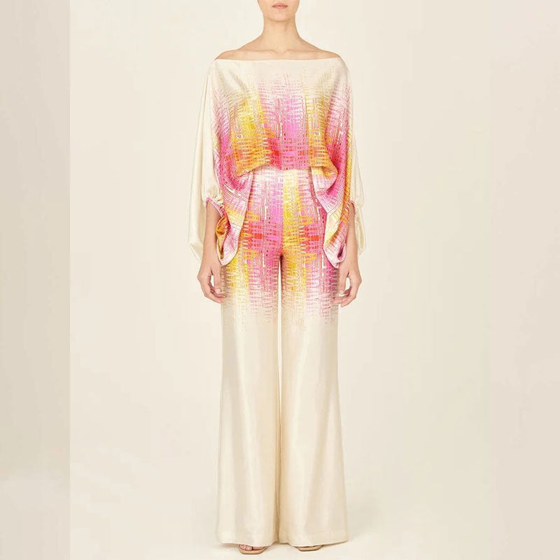 Women's Printed Round Neck Batwing Sleeve Top & Wide-Leg Pants Set