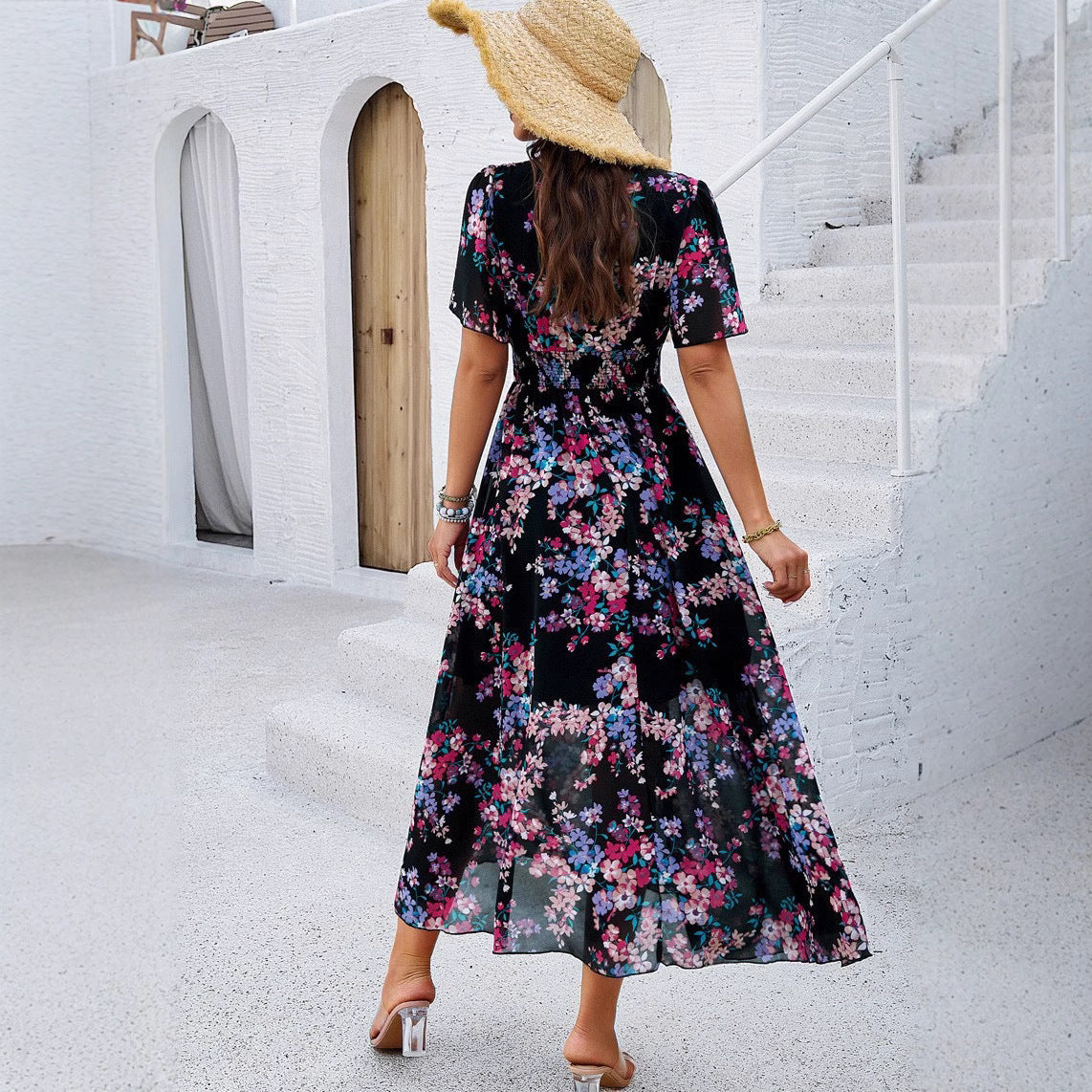 Women's Floral Print Chiffon Dress – Short Sleeve, Waist-Tied