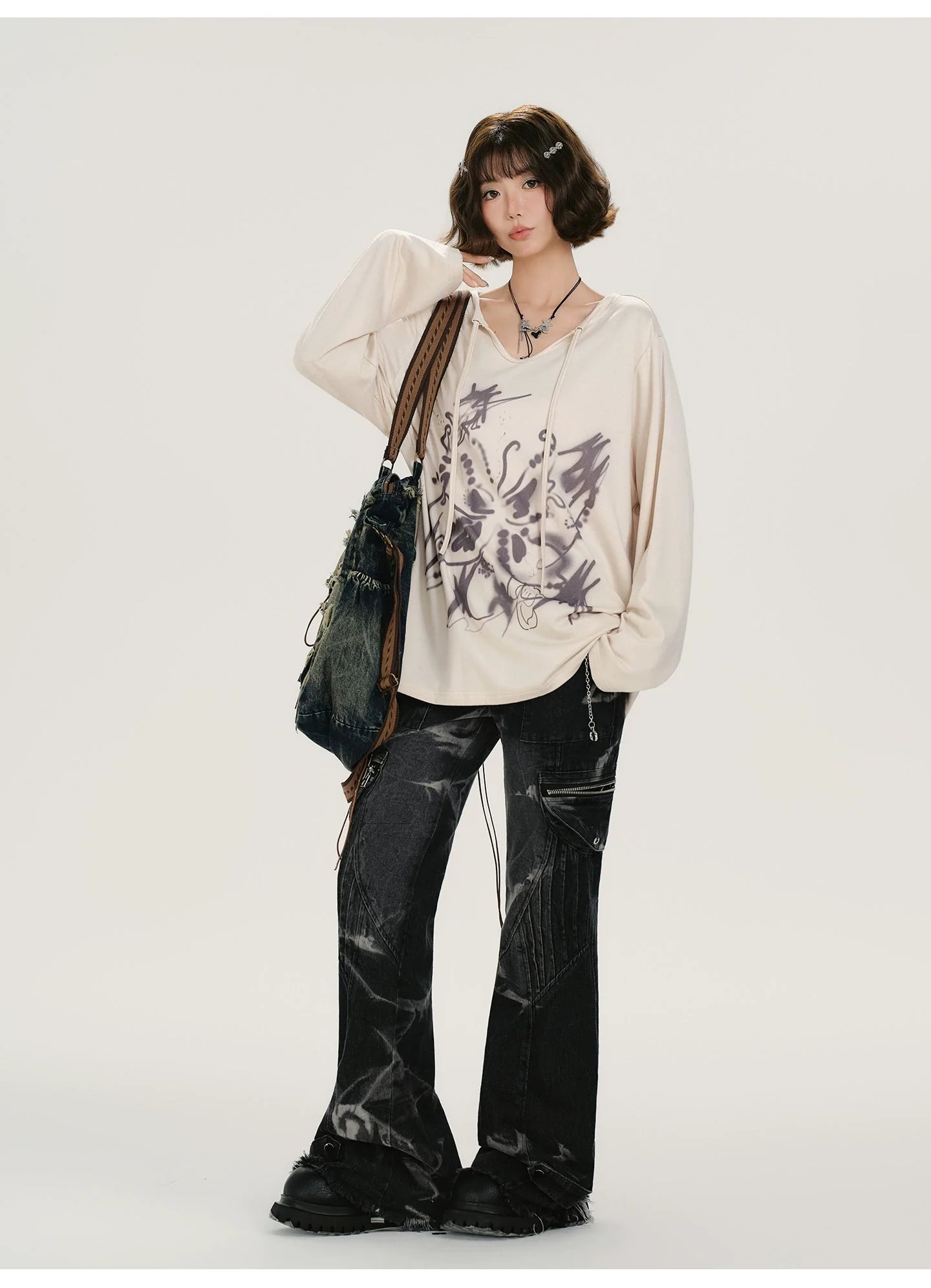 Girlyhalo Retro Print Long Sleeve T-Shirt
