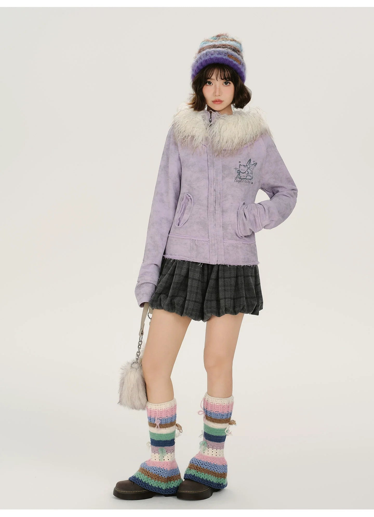 Girlyhalo Retro Tie-Dye Print Asymmetrical Design Women's Fall Coat with Fur Collar