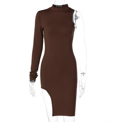 Sexy High Neck One Shoulder Mini Dresses-Dresses-Coffee-S-Free Shipping at meselling99
