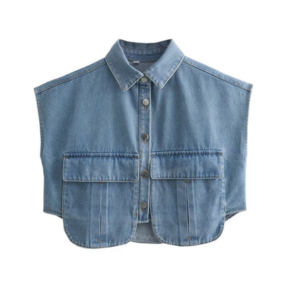 Women's Solid Color Oversized Pocket Sleeveless Polo Collar Denim Shirt Top