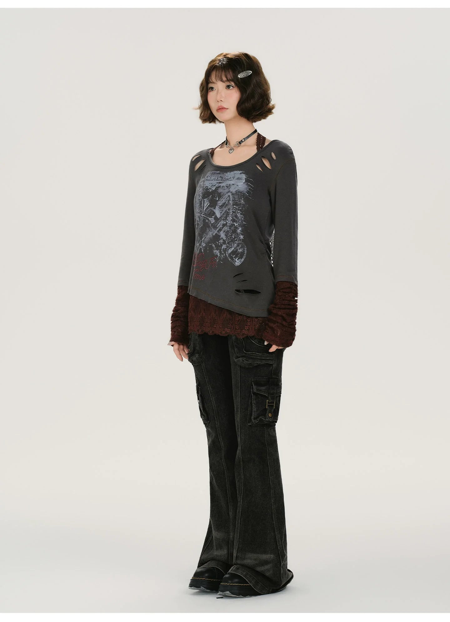 Girlyhalo Retro Patchwork Lace Distressed Long Sleeve T-Shirt