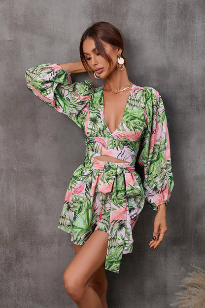 Floral Print V-Neck Long Sleeve Shorts Jumpsuit