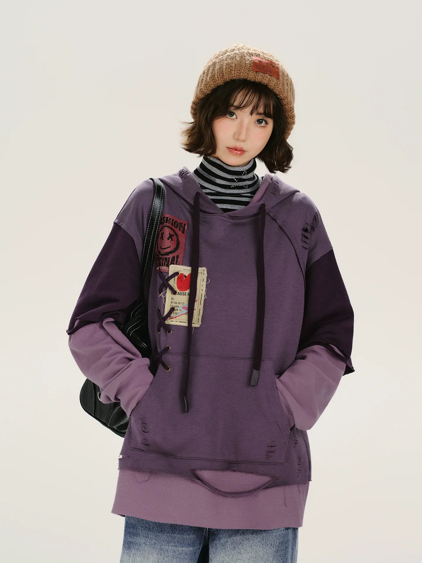 Retro Distressed Design Fake Two-Piece Hooded Sweatshirt