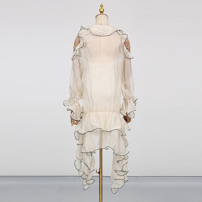 Designed Elegant Resort-Style Lace Trim White Short Dress