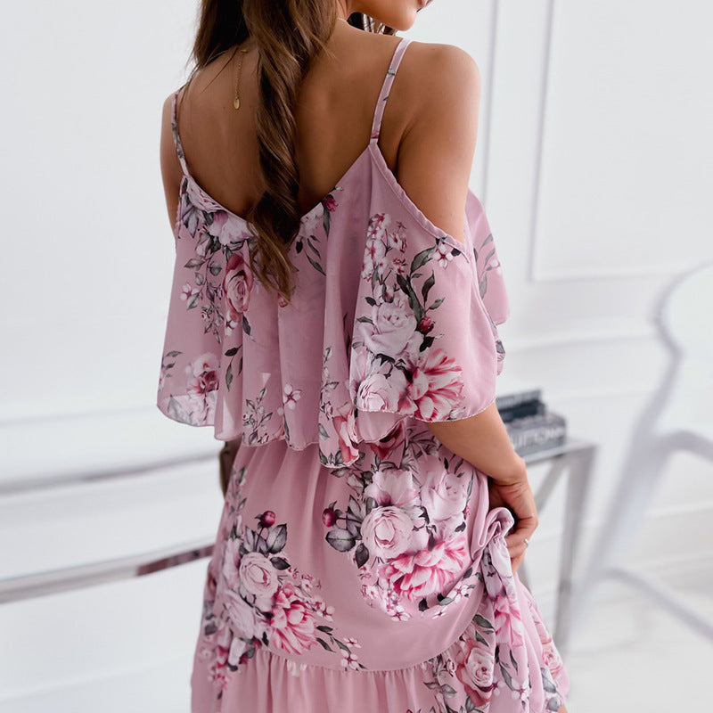 Women's Summer Chiffon Floral Print Off-Shoulder Sexy Spaghetti Strap Dress