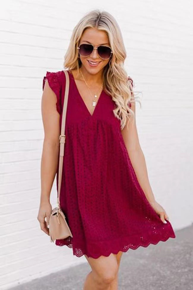 Women's Lace Jacquard Hollow-Out V-Neck Dress with Shorts