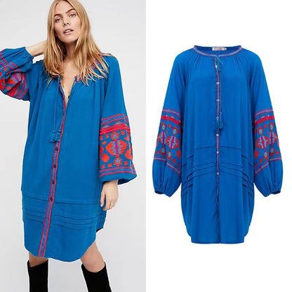 Bohemian Ethnic Embroidered Loose Front Button Dress