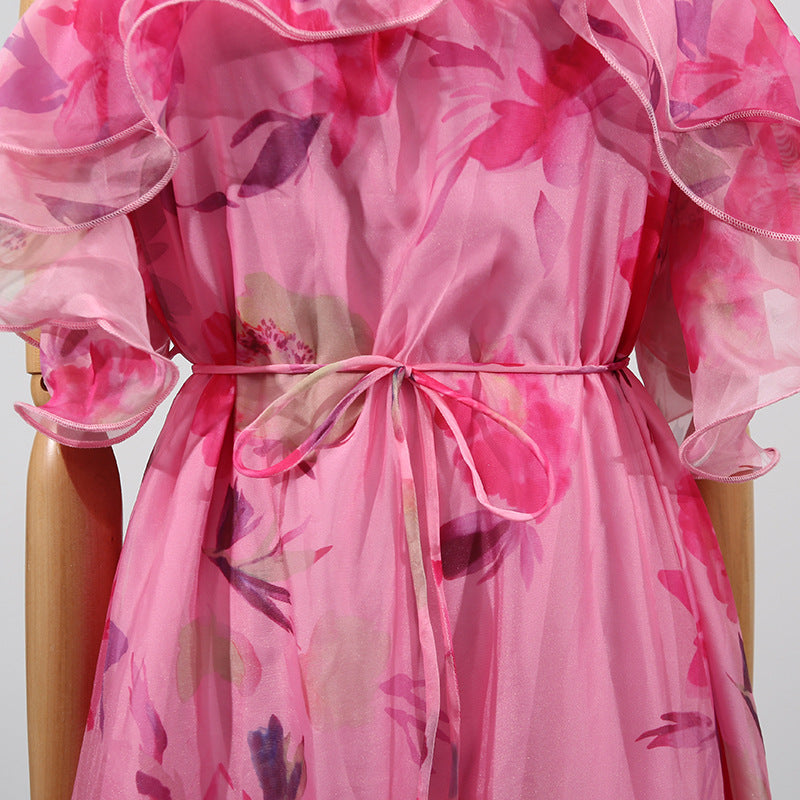 Women's Summer Dress – Fashionable Sleeveless Off-Shoulder Ruffle Hem Flowy Dress