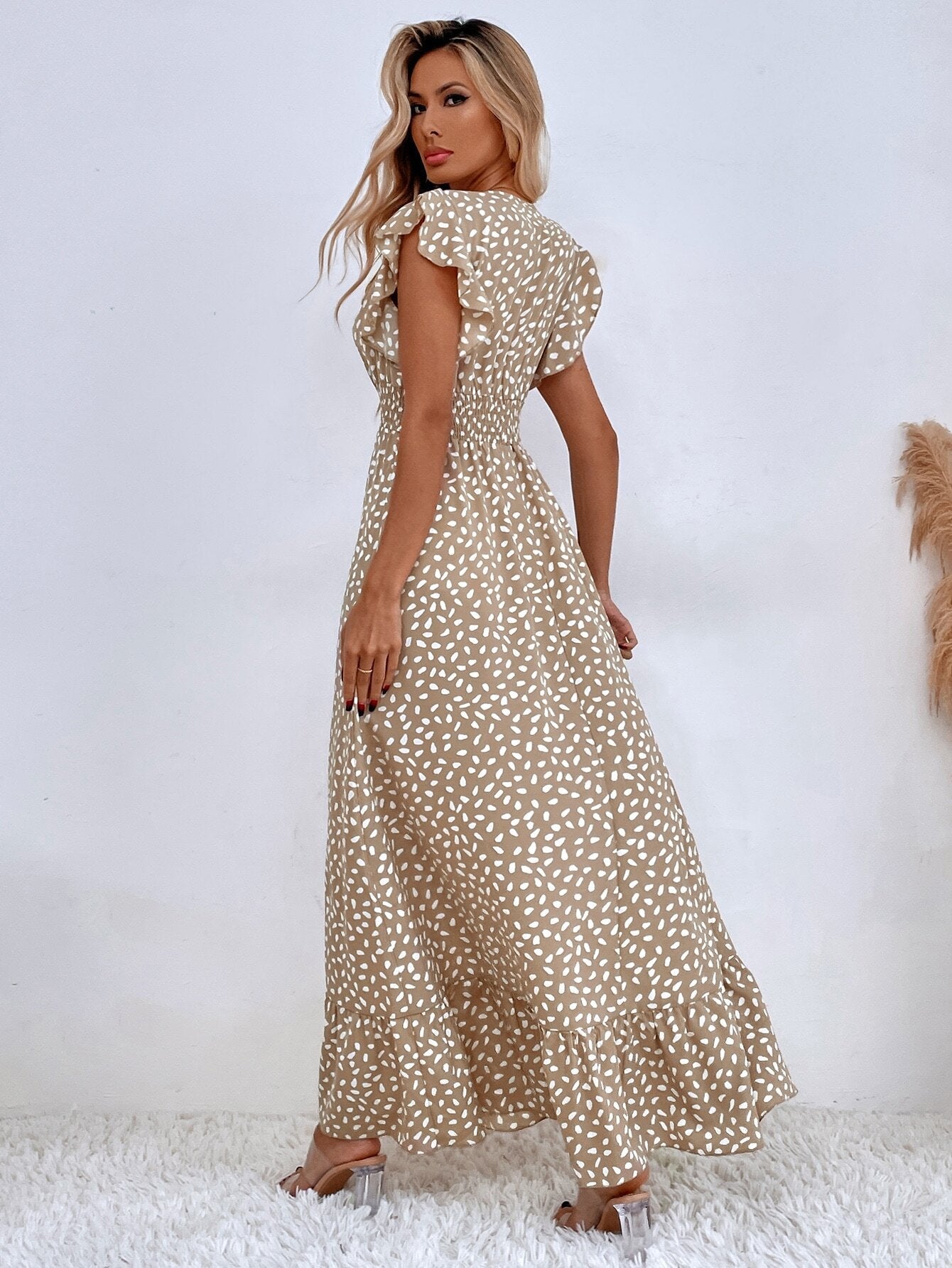 Summer V-Neck Wrap Waist Maxi Dress with Flutter Sleeves-black-S-Free Shipping Leatheretro