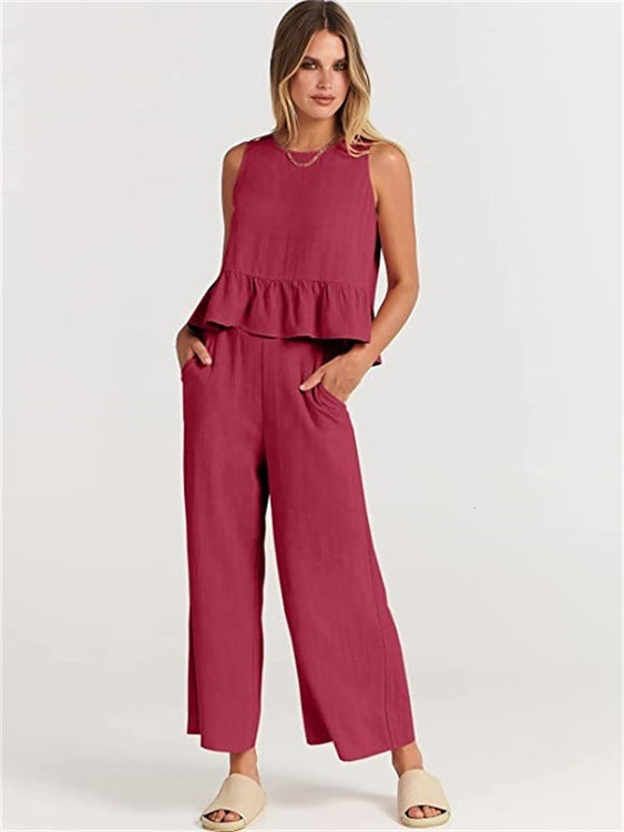 Women's Summer Sleeveless Pleated Vest & Wide-Leg Cropped Pants Casual Set