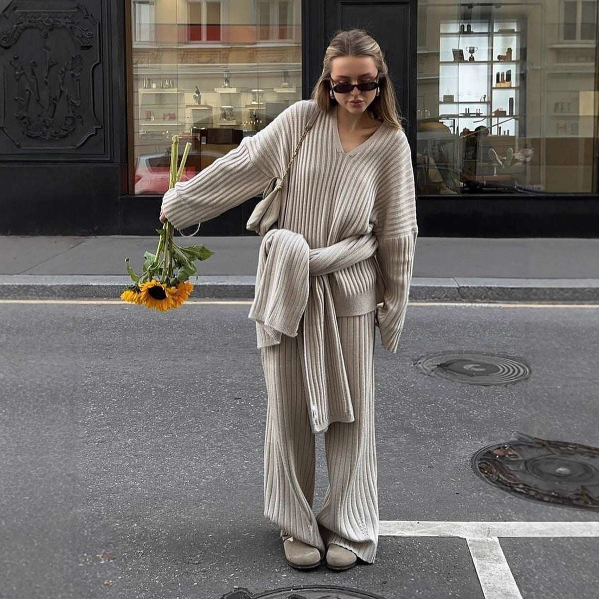 Women's V-Neck Ribbed Knit Sweater Set