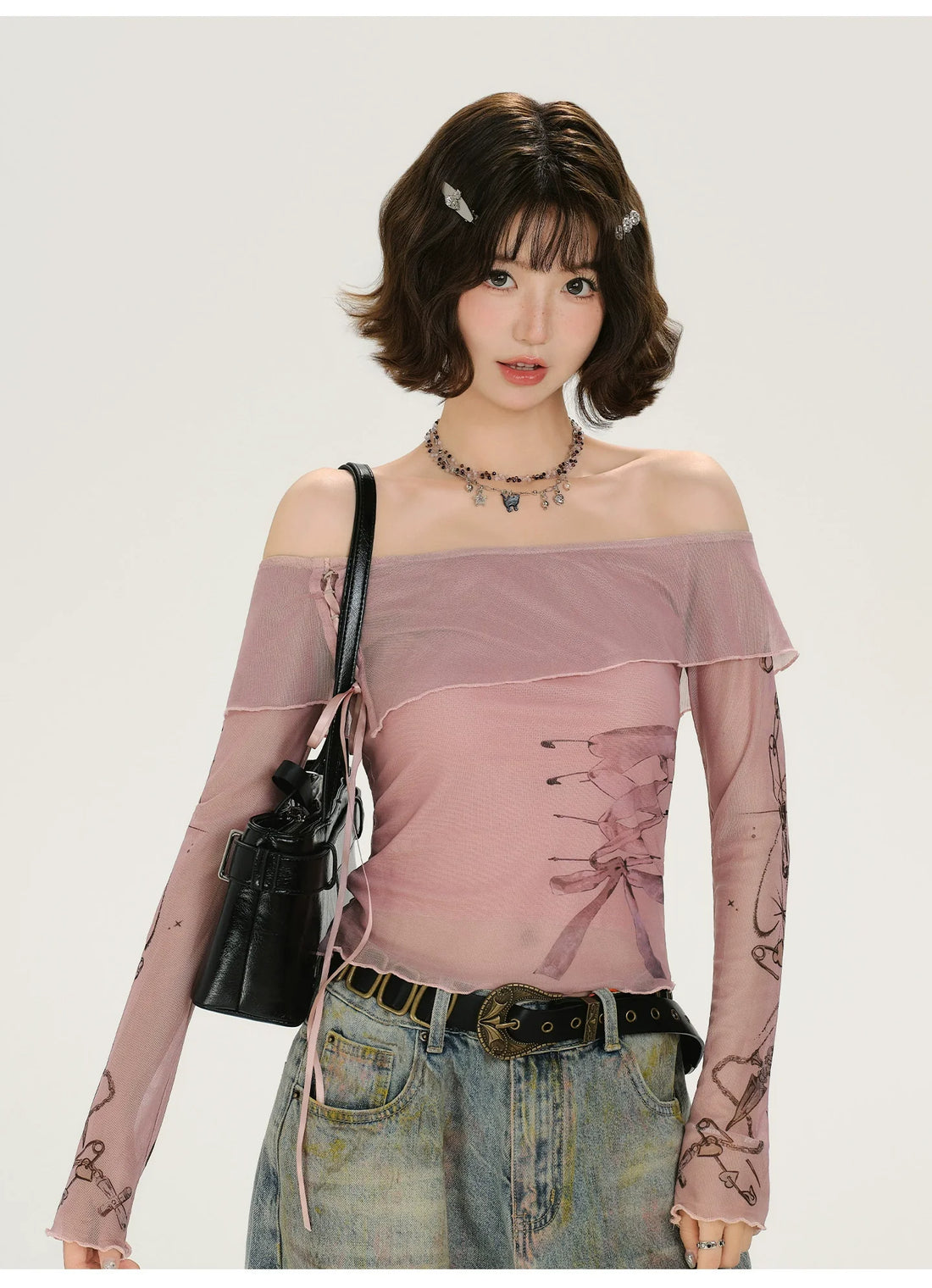 Girlyhalo Retro Vintage Print Off-Shoulder Long Sleeve T-Shirt