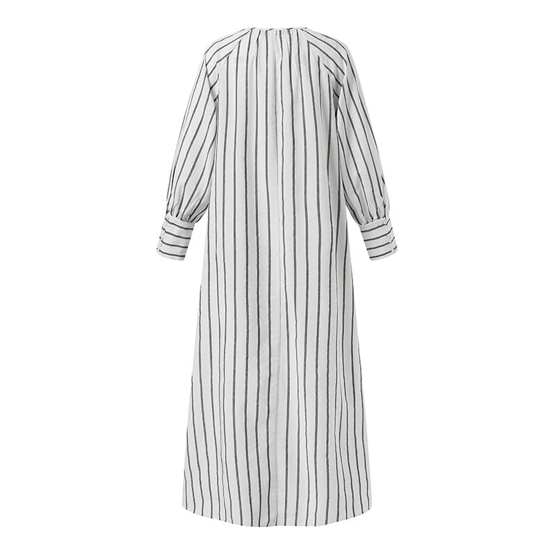 Plus Size Women's Linen Striped Round Neck Long Sleeve Casual Loose Fit Maxi Dress
