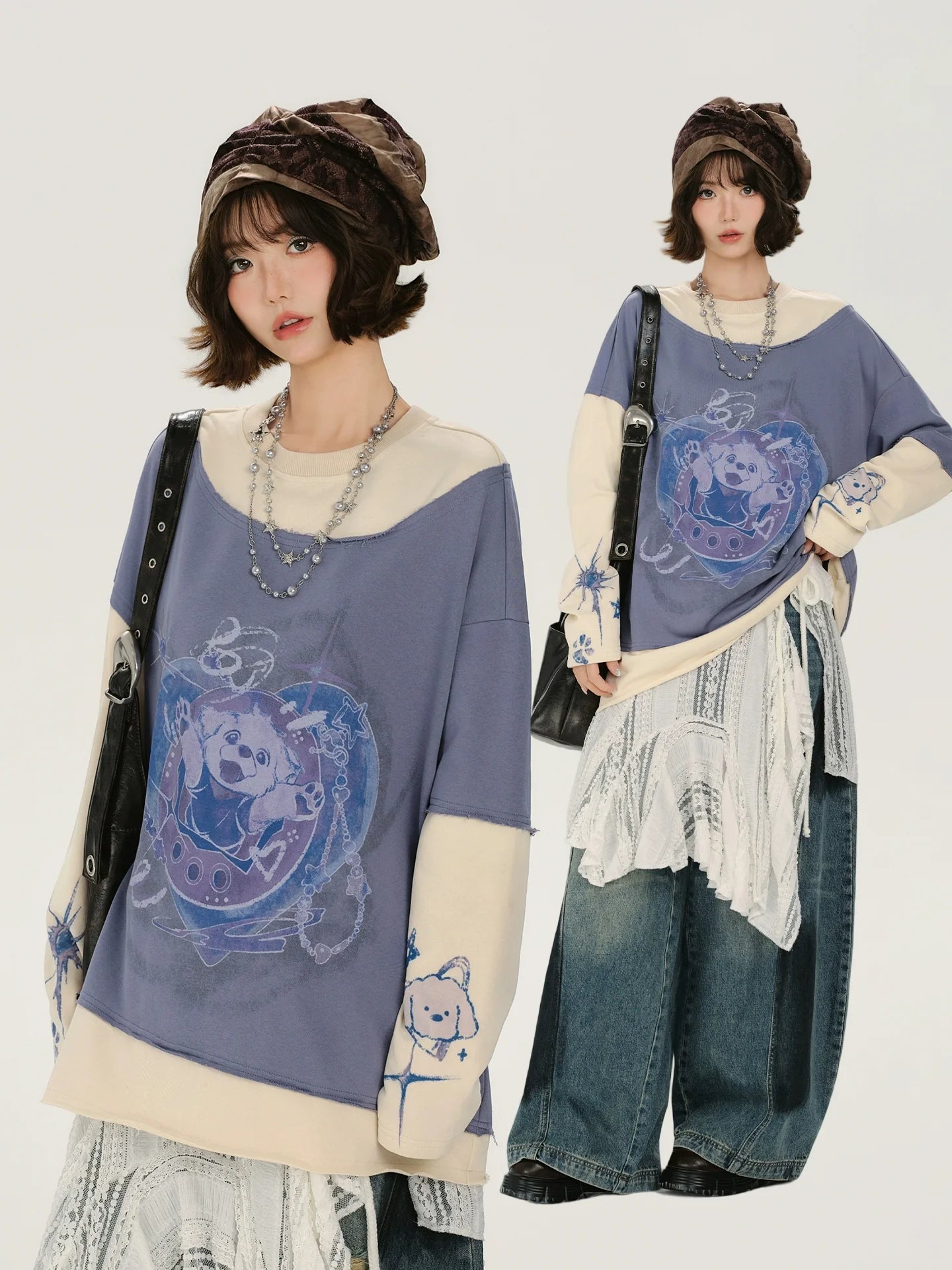 Girlyhalo Retro Print Long-Sleeve Pullover Sweatshirt for Women