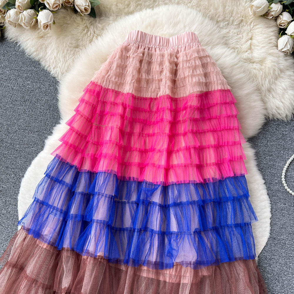 Women's Mid-Length Gradient Mesh A-Line Cake Skirt