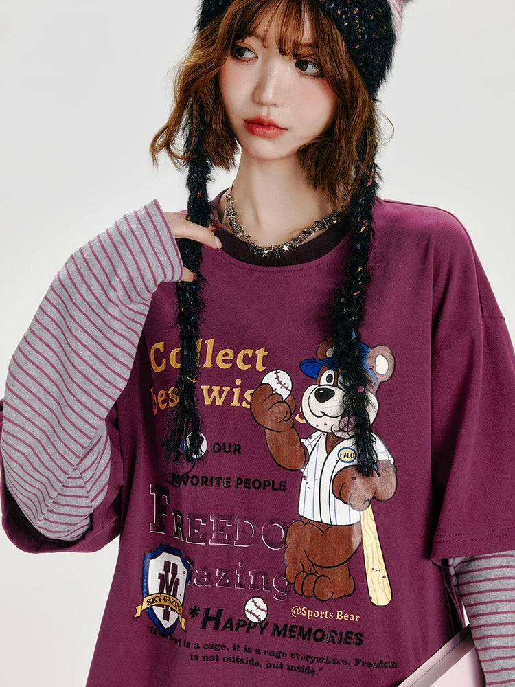 Girlyhalo Retro Two-Tone Long Sleeve T-Shirt for Women-Purple-S-Free Shipping Leatheretro