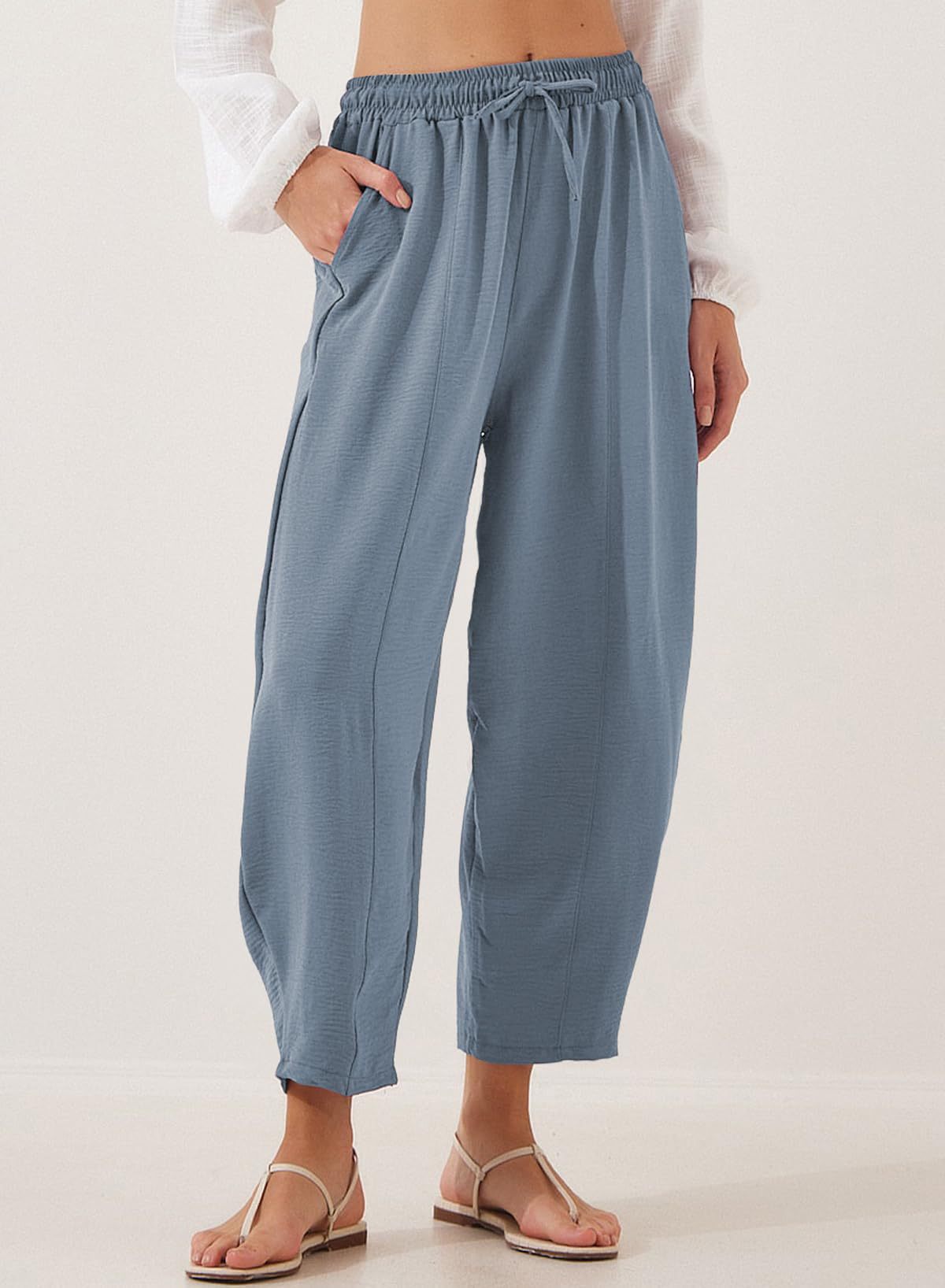 Women's Summer High-Waisted Loose Vacation Drawstring Casual Cropped Pants with Side Pockets